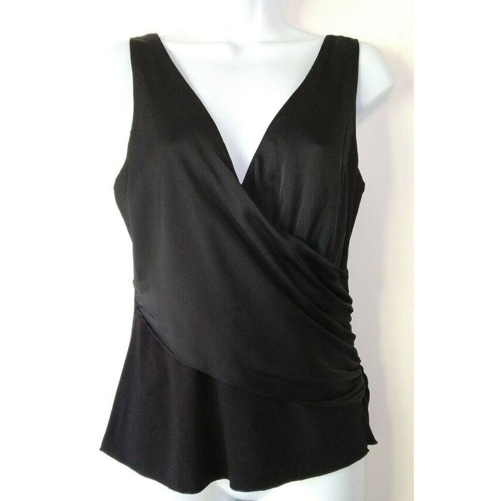 BAILEY/44 Small Black Chiffon Front No Sleeve Faux Wrap Viscose Knit Back Blouse